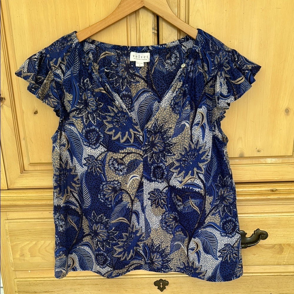 Velvet Blue Ruffled Cap Sleeve Blouse